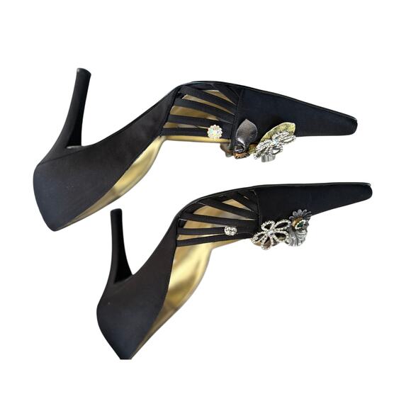 Vintage Y2K Black Pointed Toe Heel Floral Rhinestone Embellished - Picture 7 of 8